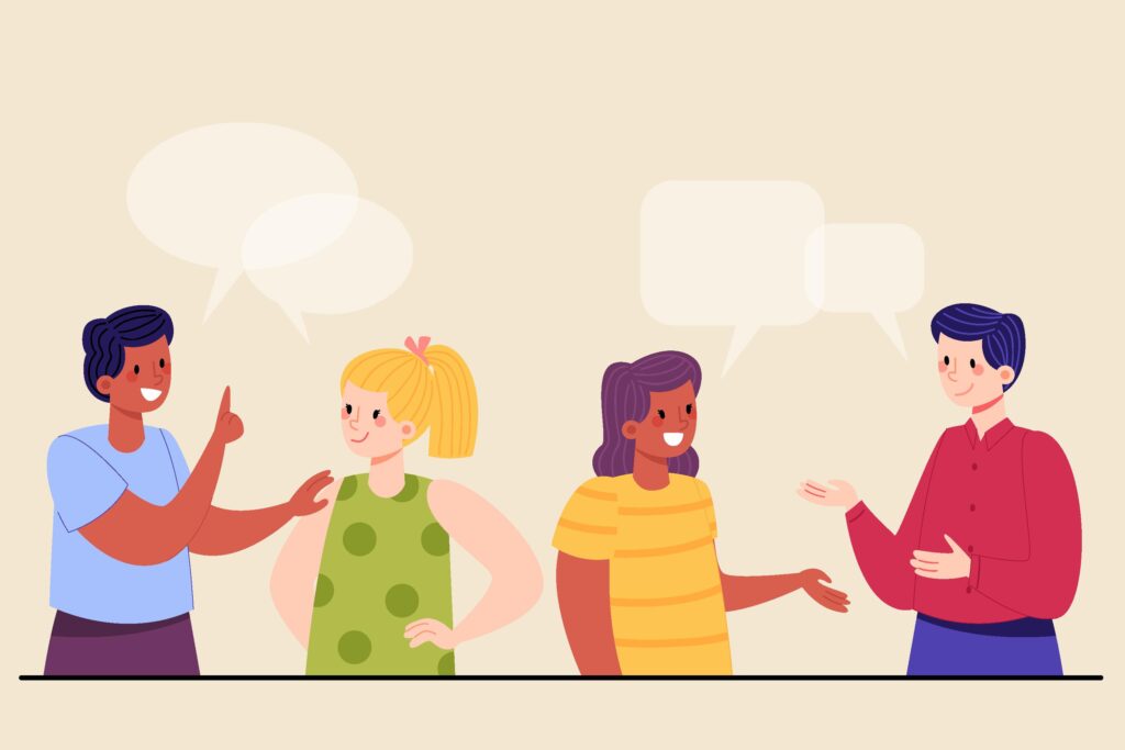 Imagem de quatro pessoas diferentes a socializar, para ilustrar de que modo podemos usar as seguintes frases em alemão para fazer amigos.