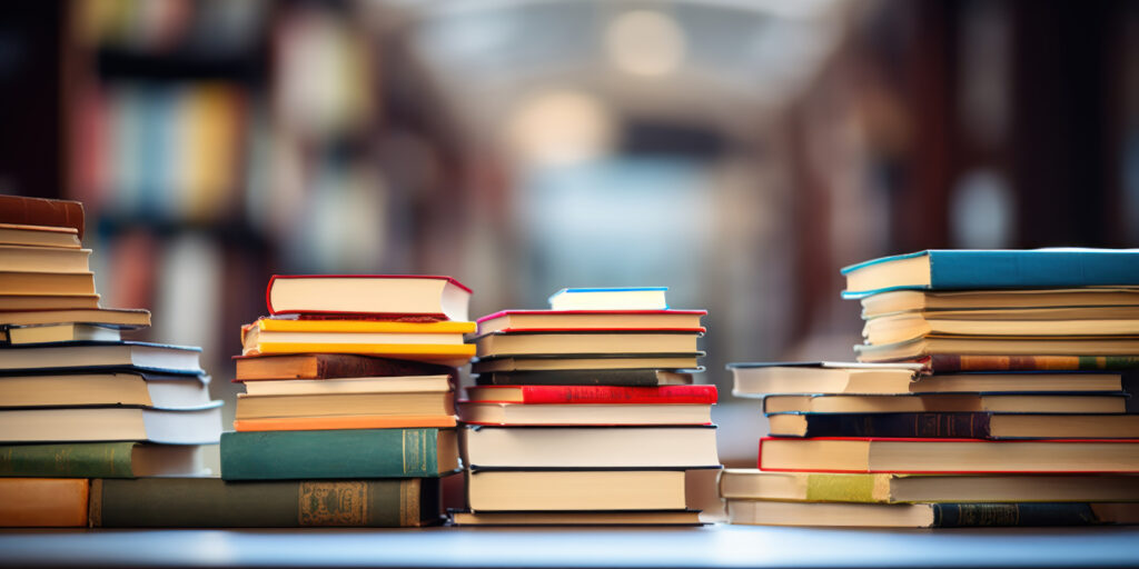 Imagem que mostra múltiplos livros empilhados numa biblioteca. Esta imagem serve para dar a ideia da importância de livros para alguém que aprende línguas.