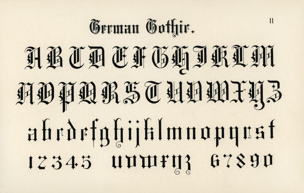 Esta imagem mostra as 26 diferentes letras do alfabeto alemão escritas em caligrafia antiga em maiúsculas e minusculas.